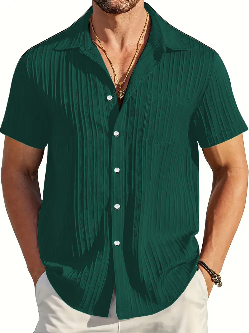 Bottle Green Half Sleeve Striped Texture Viscose Premium Shirt