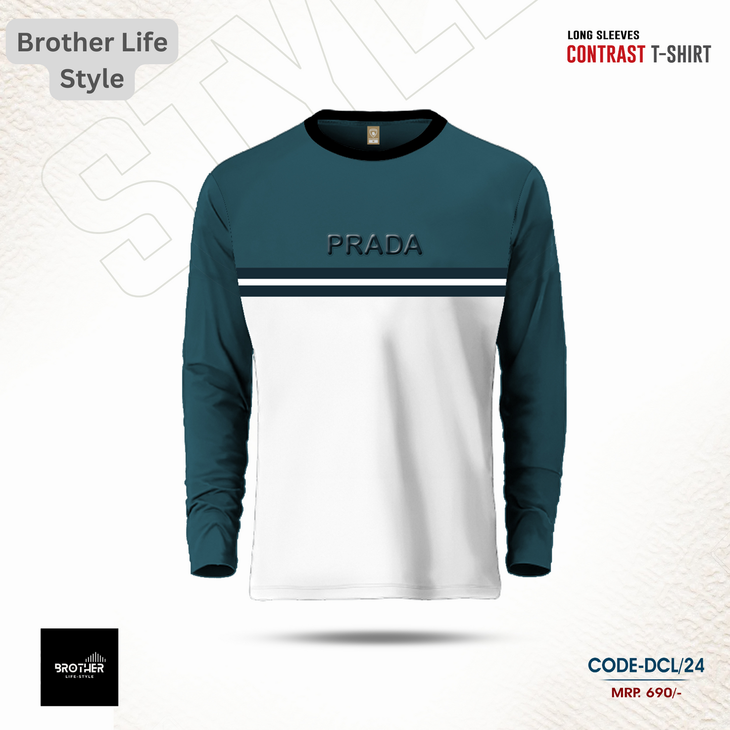 Mens Premium Designer Edition Full Sleeve T Shirt - PETROL&WHITE SBD 390