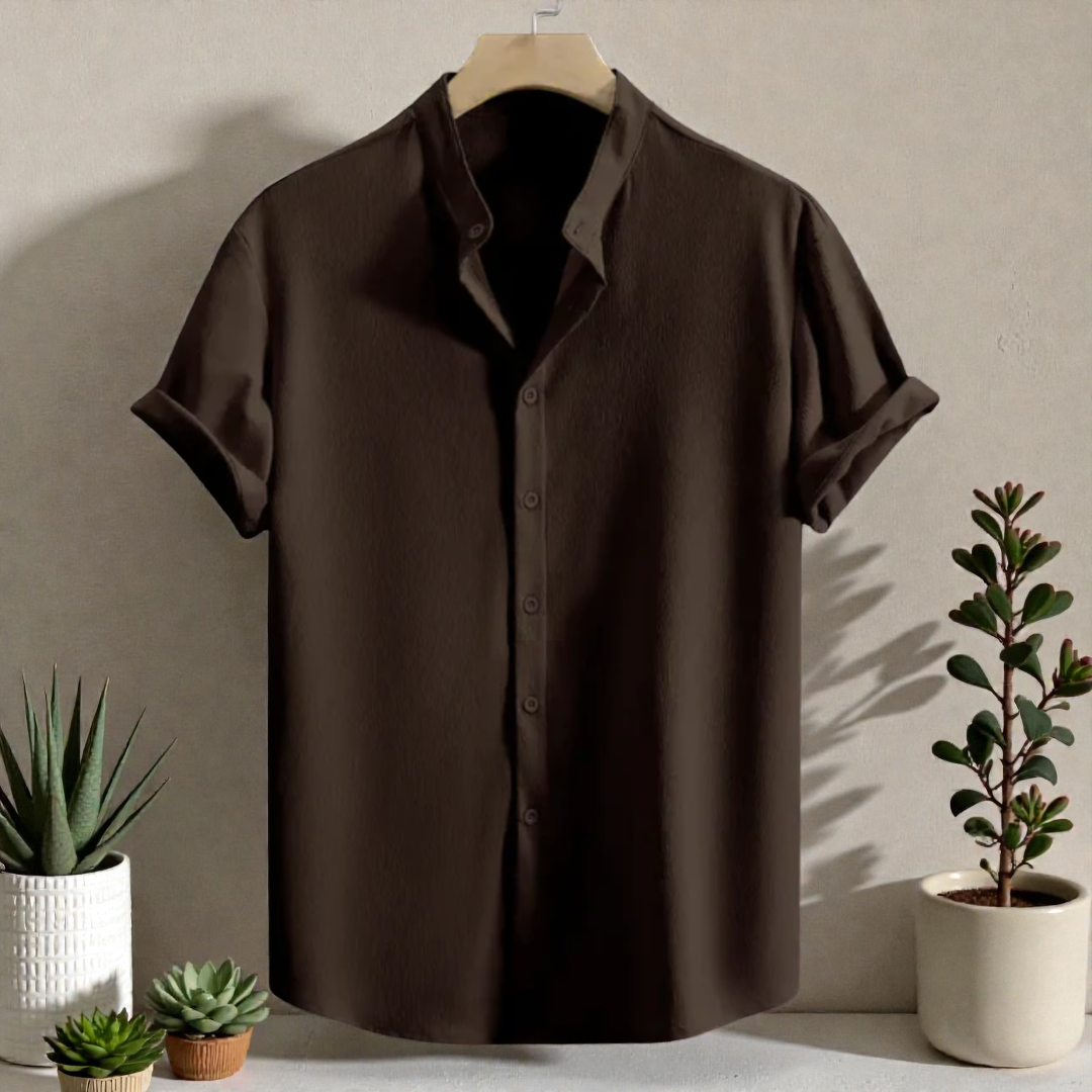 Saffron Cotton Coffee Band Collar Solid Shirt