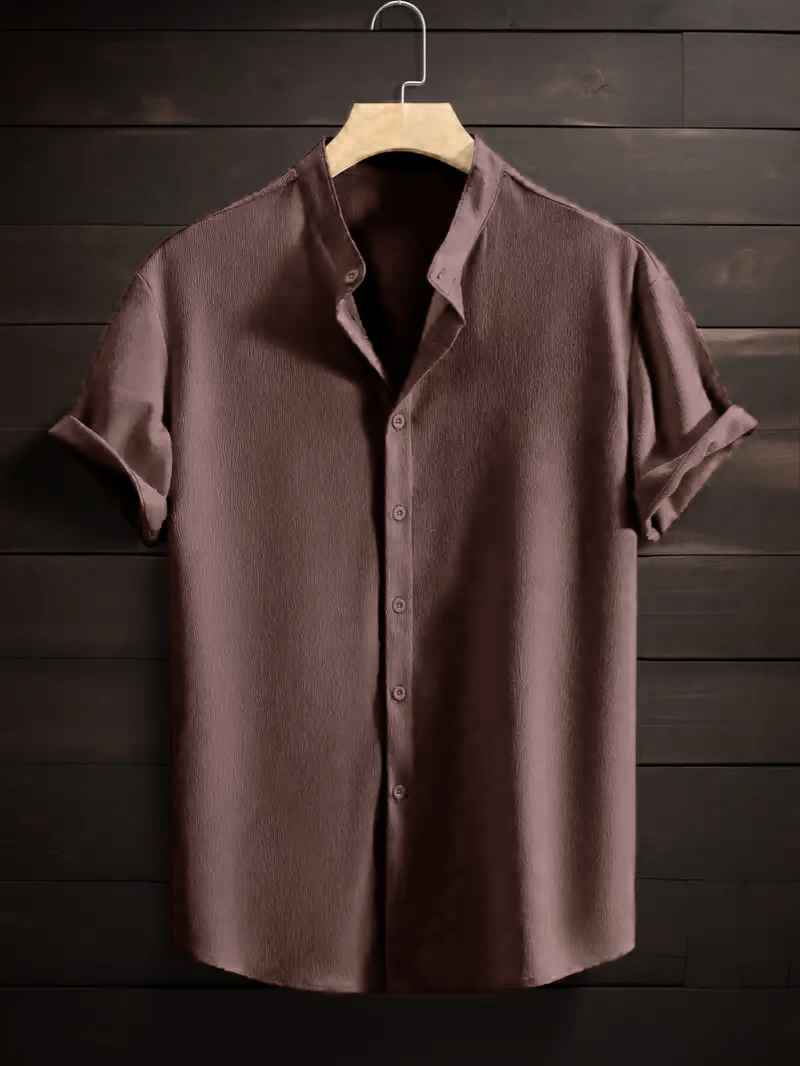 Saffron Cotton Baby Pink Band Collar Solid Shirt