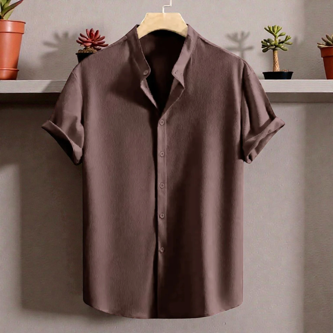 Saffron Cotton Baby Pink Band Collar Solid Shirt