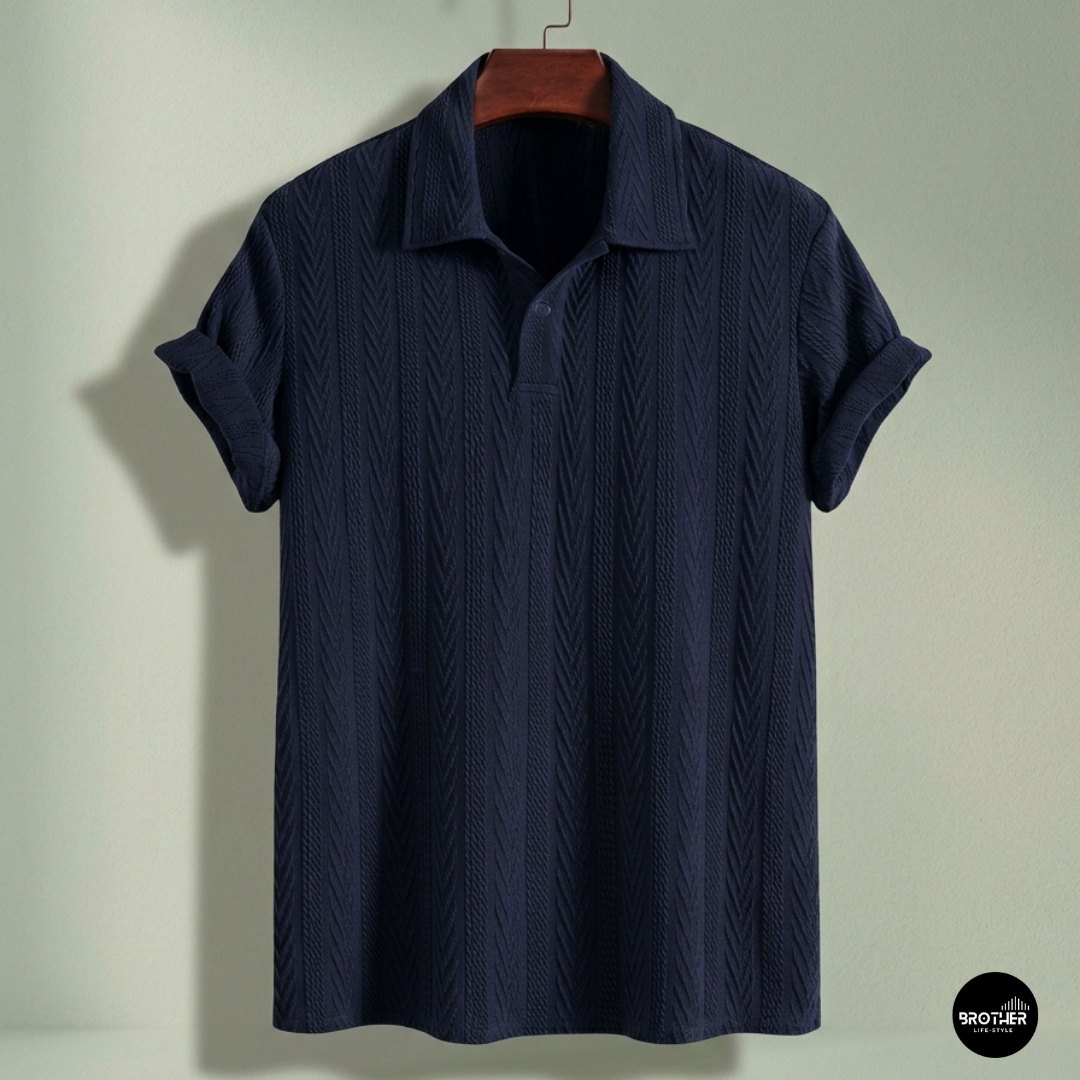 Navy Blue Knitted Geometric Jacquard Polo