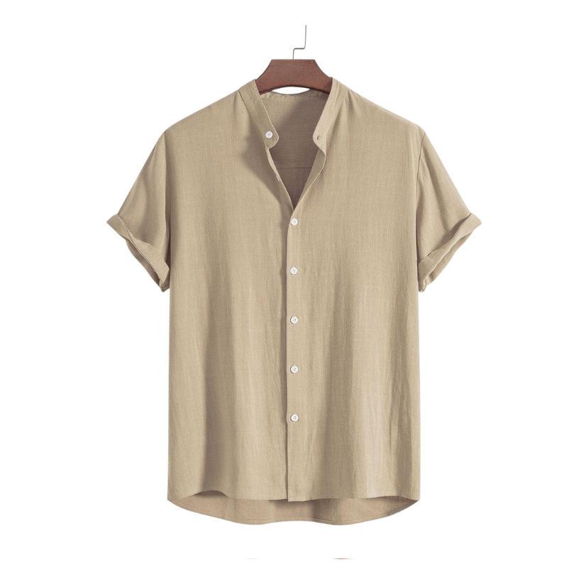 Cream Band Collar Solid Cotton Shirt