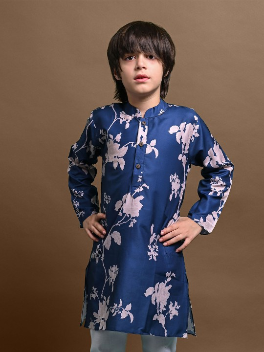Boys Floral Printed Mandarin Collar Straight Kurta