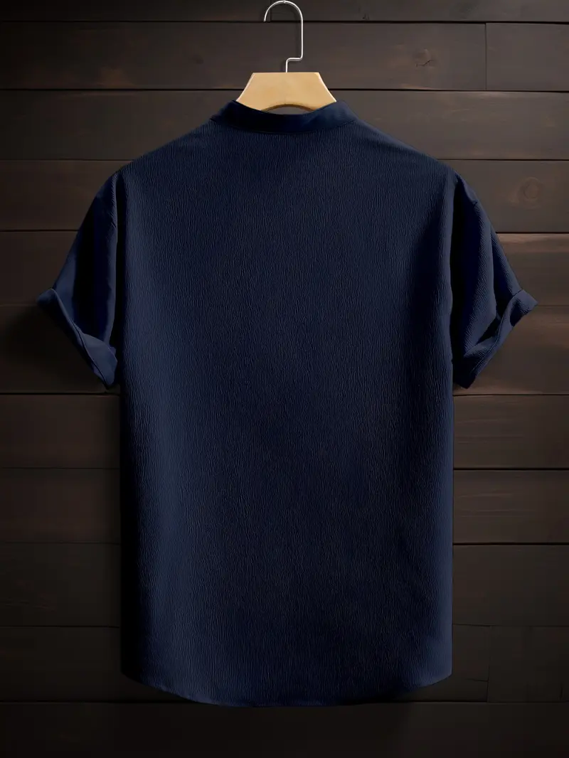 Saffron Cotton Navy Blue Band Collar Solid Shirt