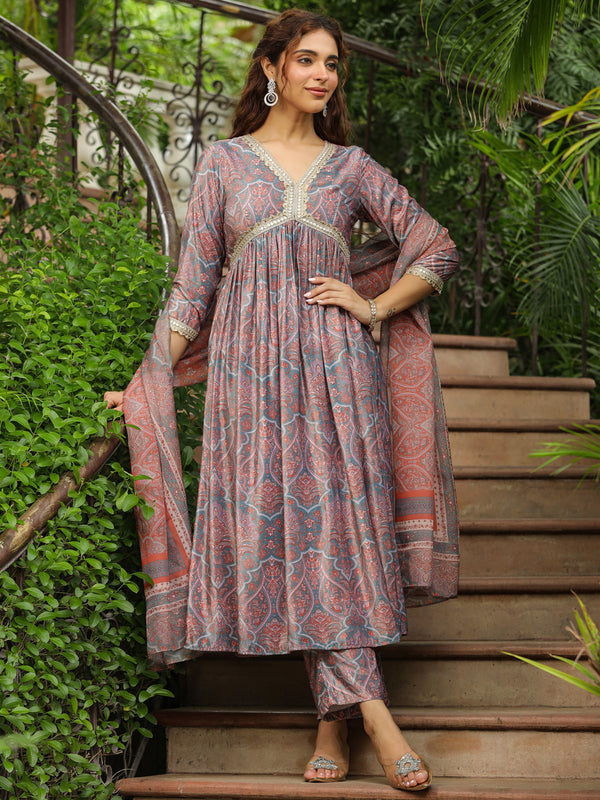 LIGHT BLUE VELVET PAISLEY KURTA SET