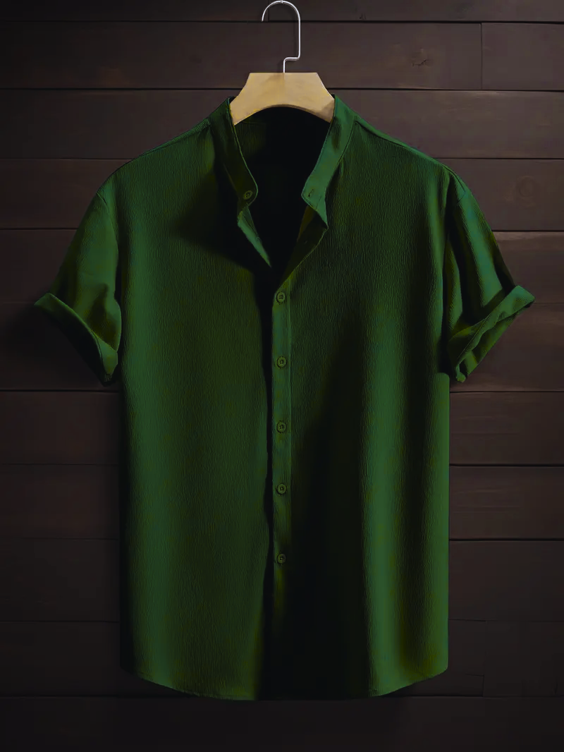 Saffron Cotton Olive Band Collar Solid Shirt