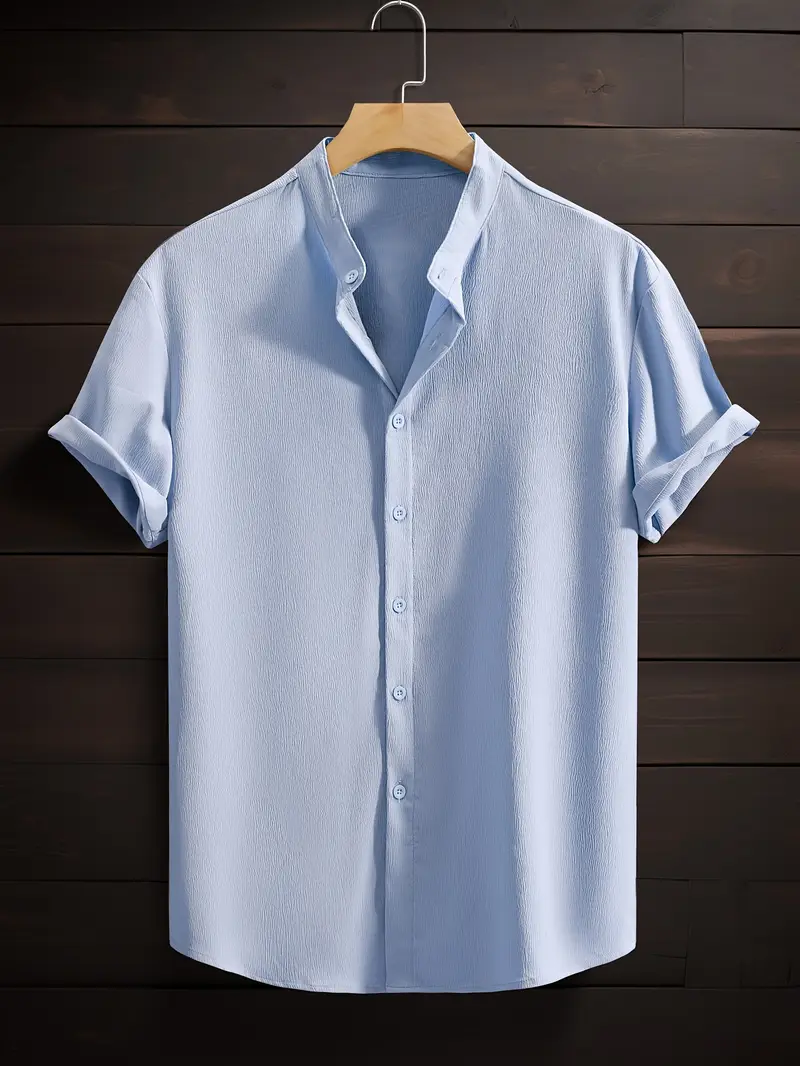 Saffron Cotton Sky Blue Band Collar Solid Shirt