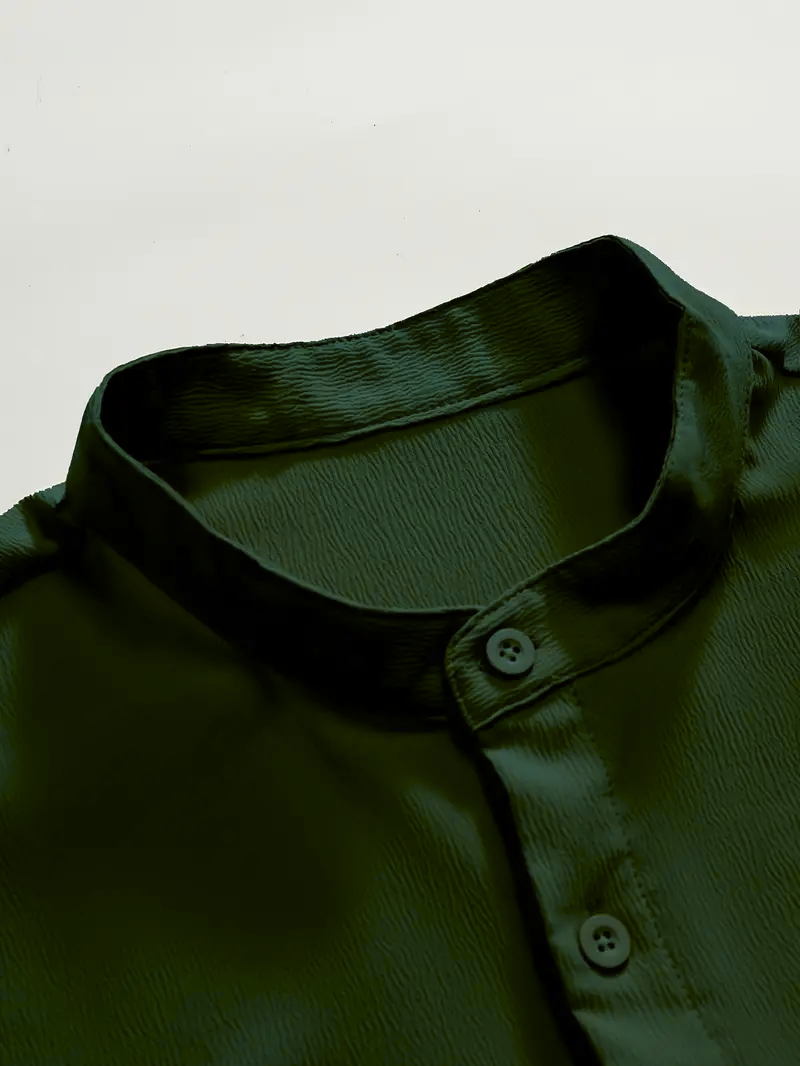 Saffron Cotton Olive Band Collar Solid Shirt