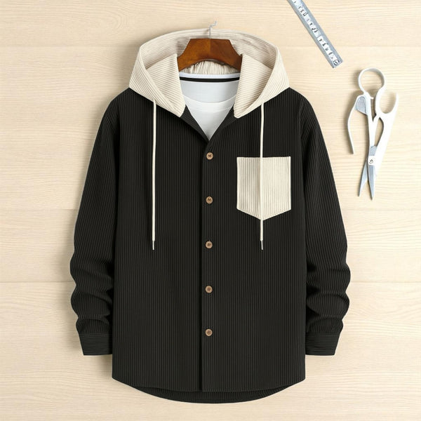 Black-Men's casual corduroy hooded jacket