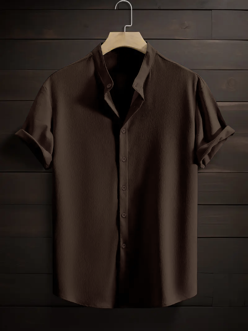Saffron Cotton Coffee Band Collar Solid Shirt