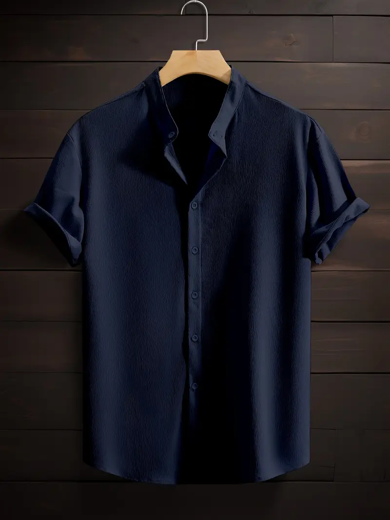 Saffron Cotton Navy Blue Band Collar Solid Shirt