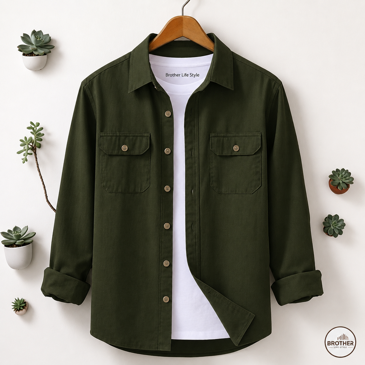 Olive Colour Two Pocket Full Sleeve Casual Shirt