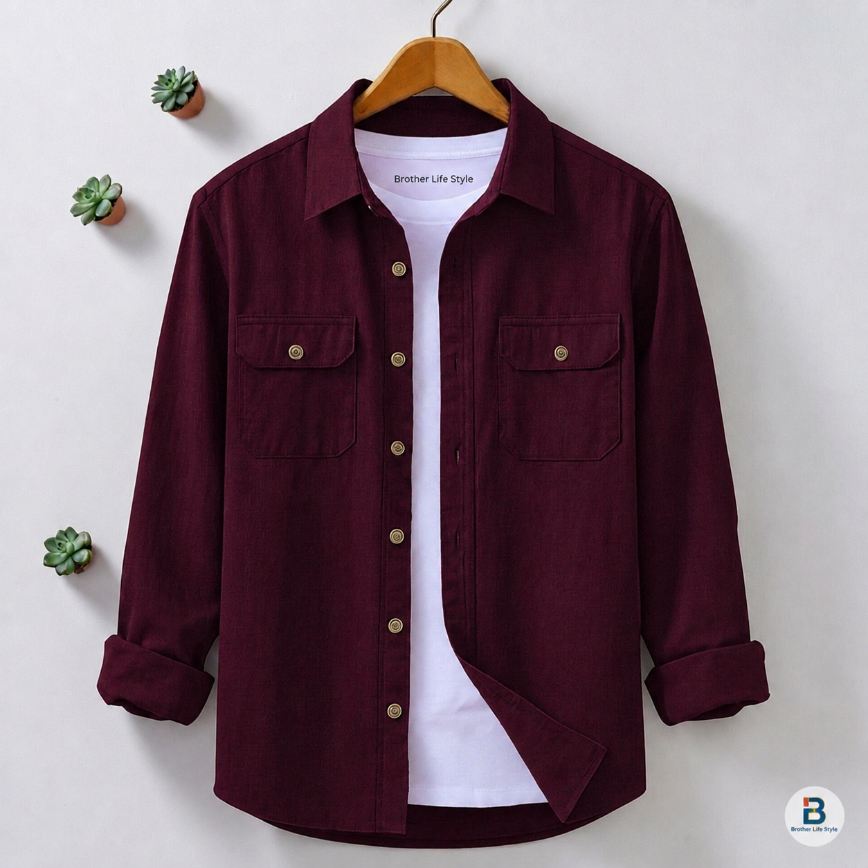 Deep Maroon Colour Two Pocket Full Sleeve Casual Shirt