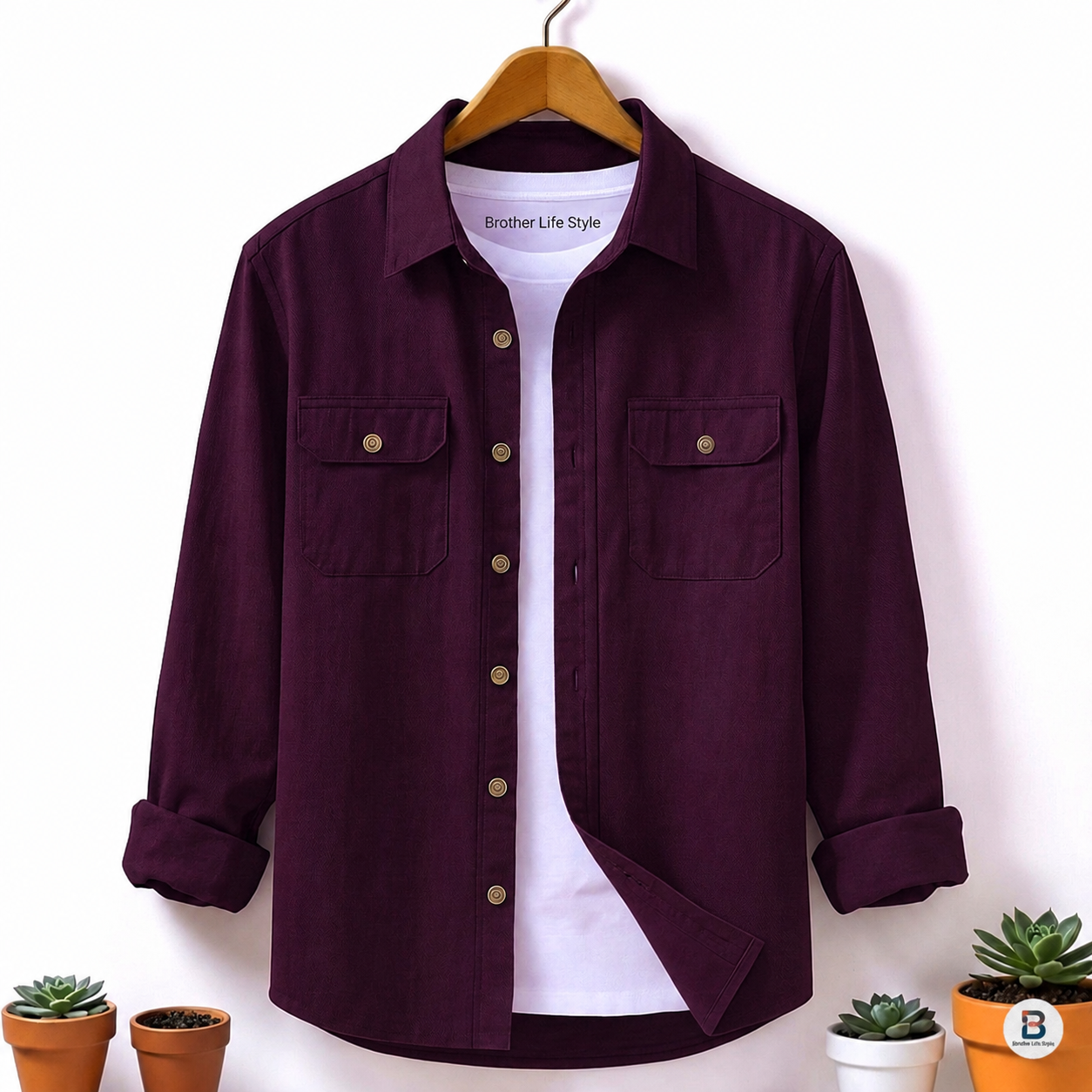 Deep Plum Colour Two Pocket Full Sleeve Casual Shirt