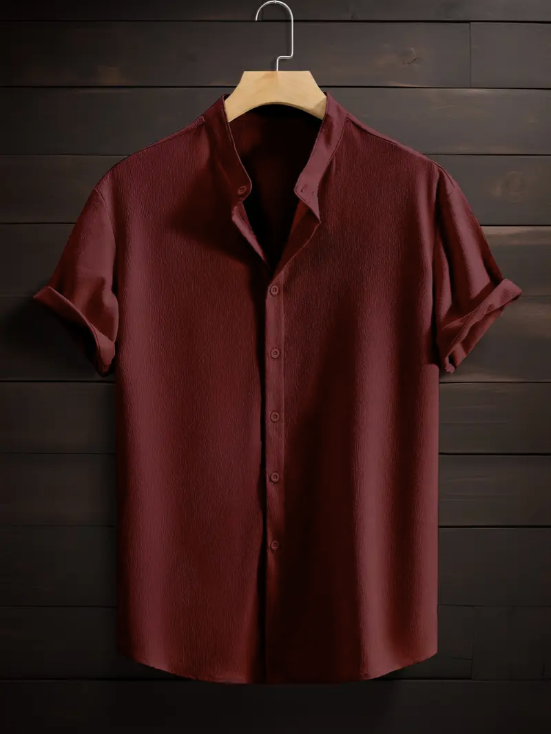Saffron Cotton Maroon Band Collar Solid Shirt