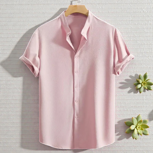 Saffron Cotton Pink Band Collar Solid Shirt