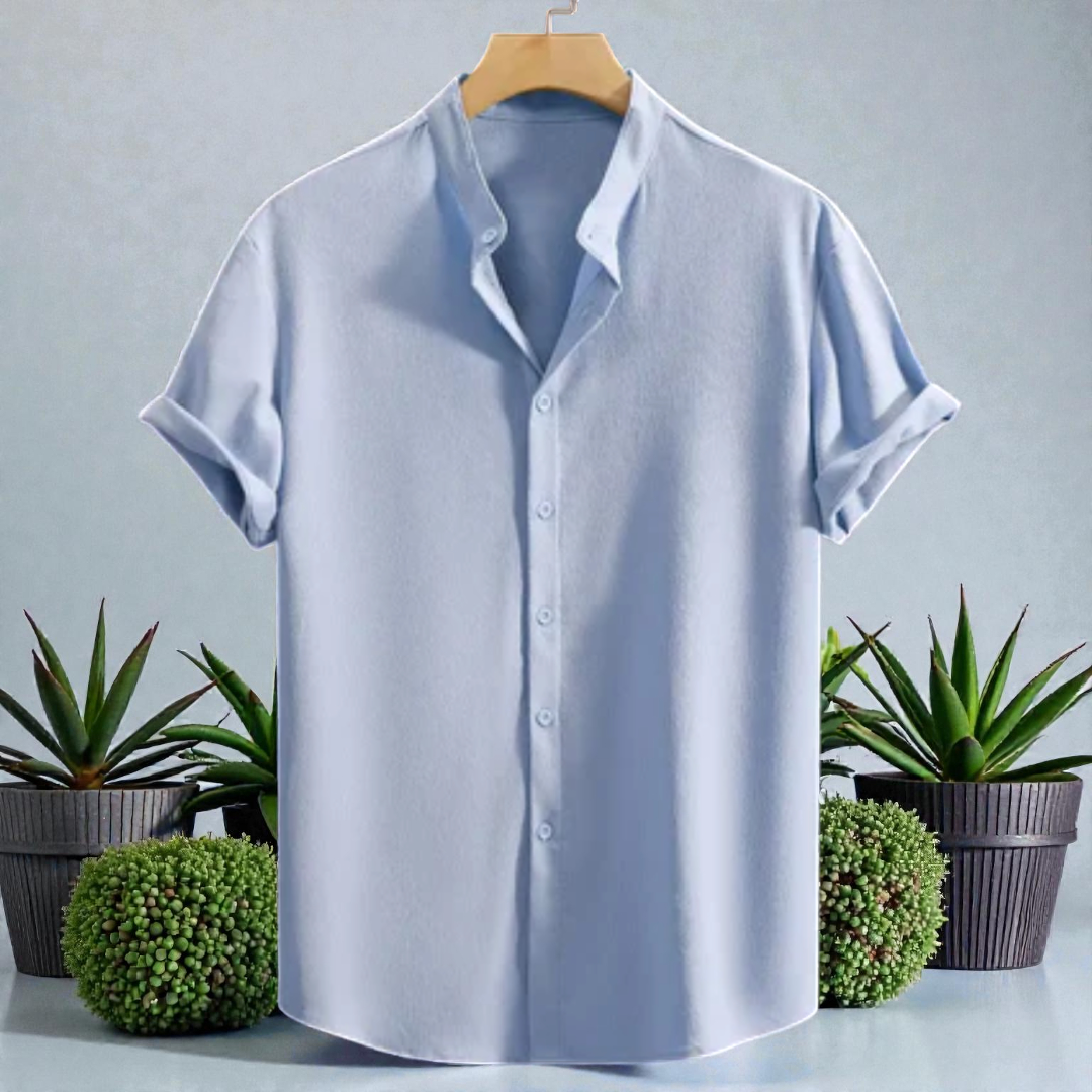 Saffron Cotton Sky Blue Band Collar Solid Shirt