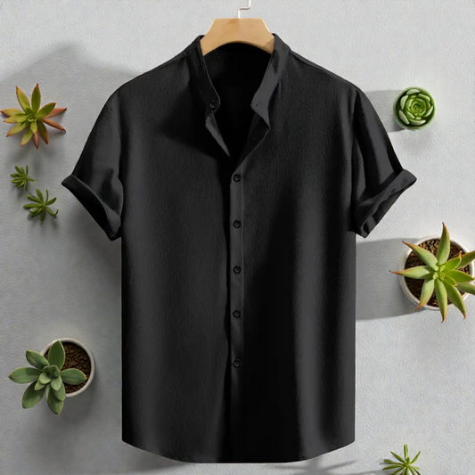 Saffron Cotton Black Band Collar Solid Shirt