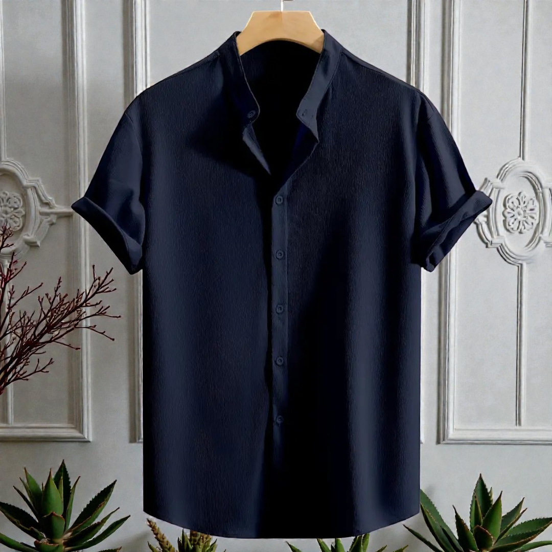 Saffron Cotton Navy Blue  Band Collar Solid Shirt
