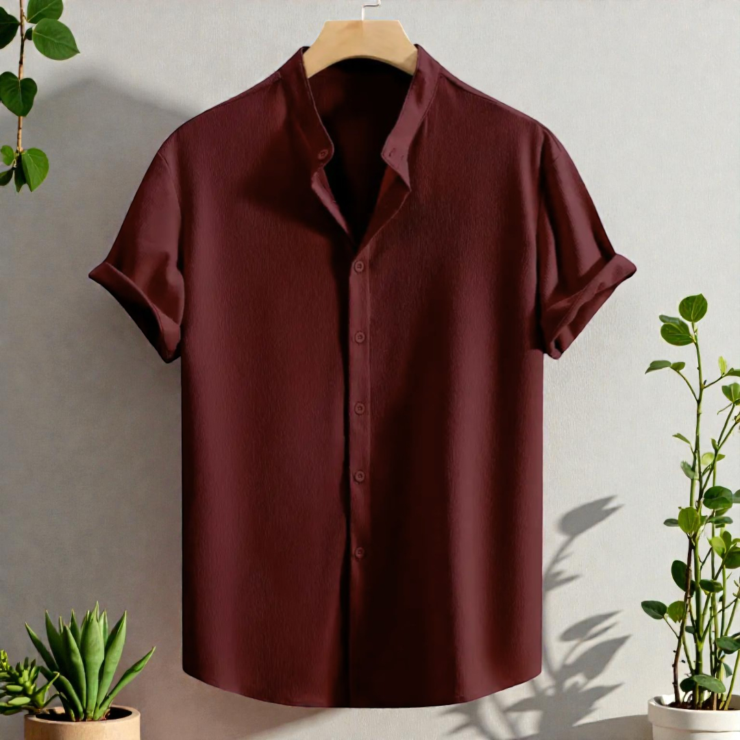 Saffron Cotton Maroon Band Collar Solid Shirt