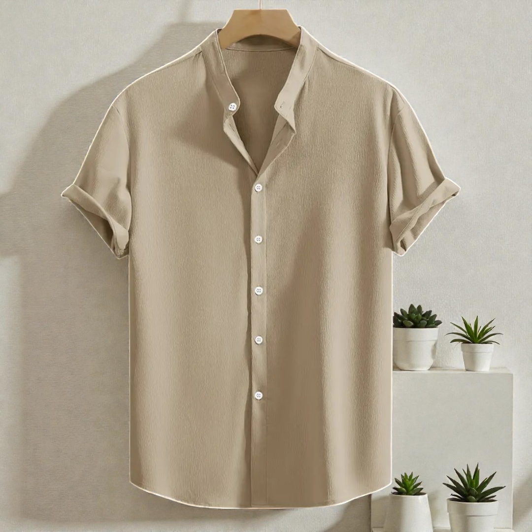 Saffron Cotton Cream Band Collar Solid Shirt
