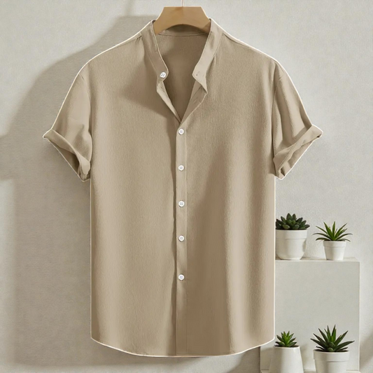 Saffron Cotton Cream Band Collar Solid Shirt