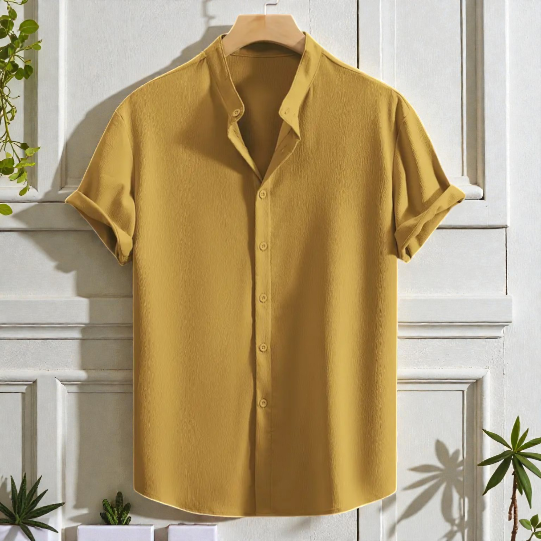 Saffron Cotton Mustard Yellow Band Collar Solid Shirt