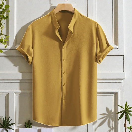Saffron Cotton Mustard Yellow Band Collar Solid Shirt