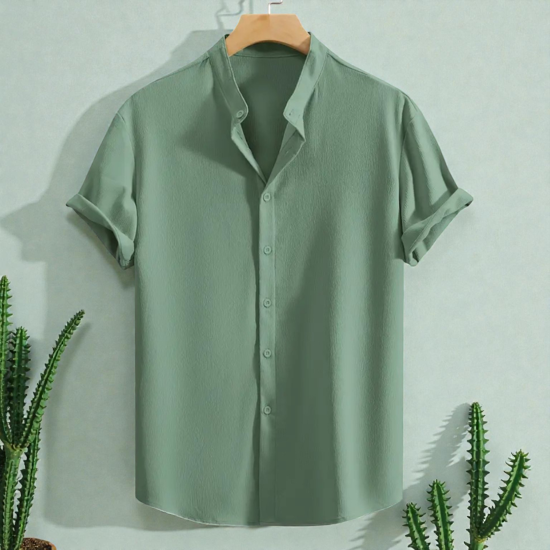 Saffron Cotton See Green Band Collar Solid Shirt