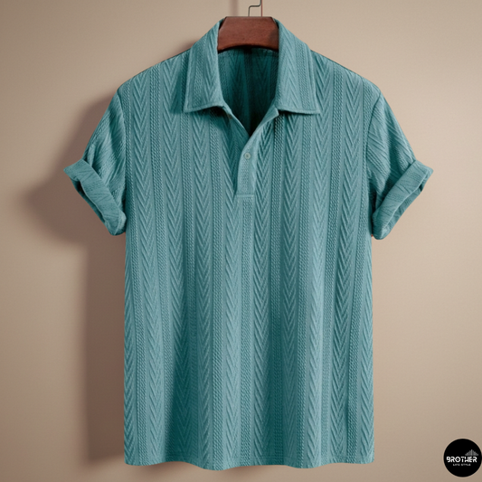 Turquoise Blue Knitted Geometric Jacquard Polo