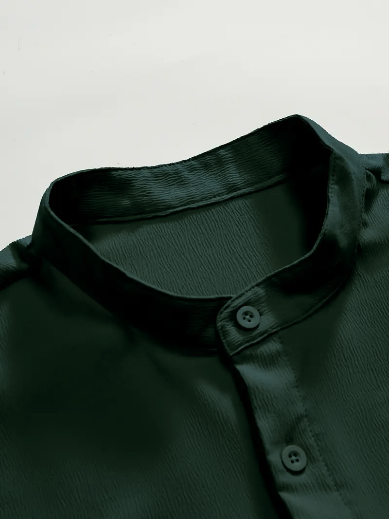 Saffron Cotton Dark Green Band Collar Solid Shirt