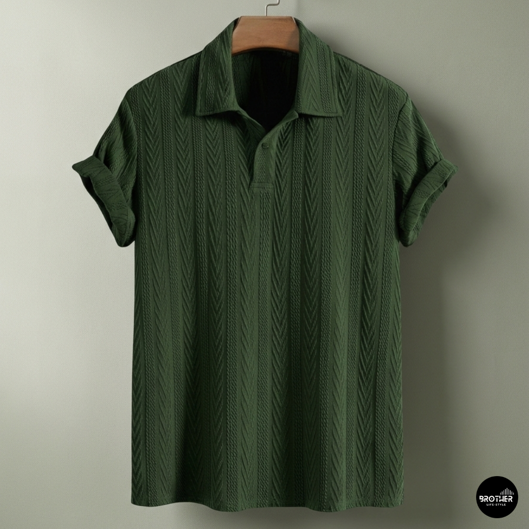Bottle Green Knitted Geometric Jacquard Polo