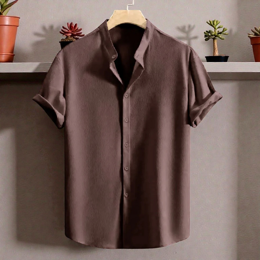 Saffron Cotton Baby Pink Band Collar Solid Shirt