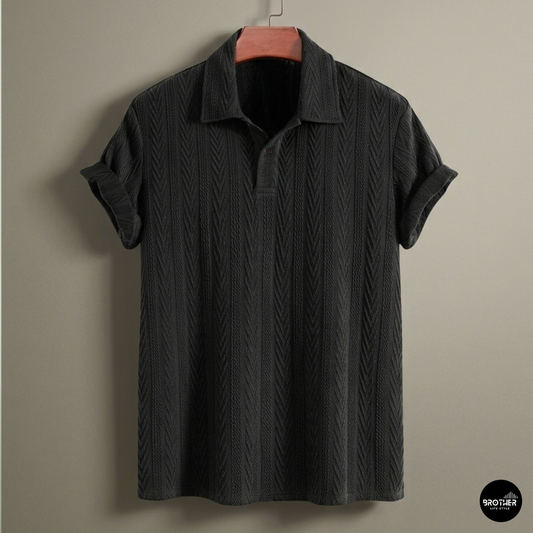 Black Knitted Geometric Jacquard Polo