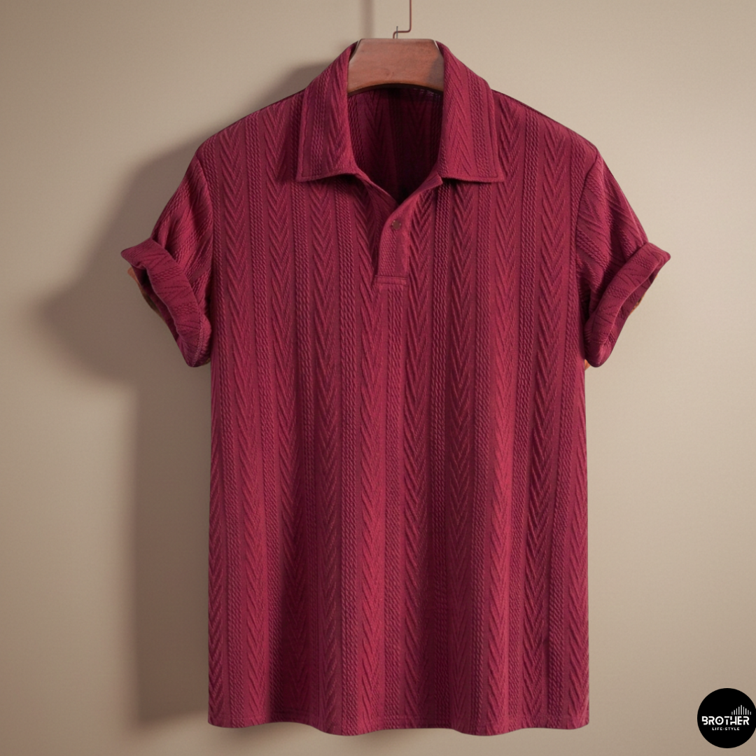 Red Maroon Knitted Geometric Jacquard Polo