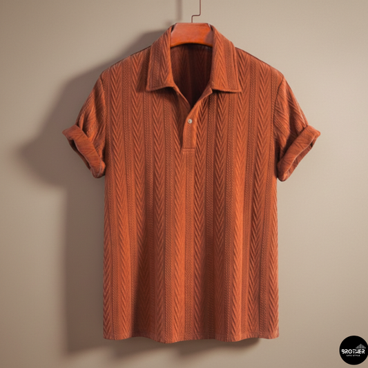 Brown Knitted Geometric Jacquard Polo