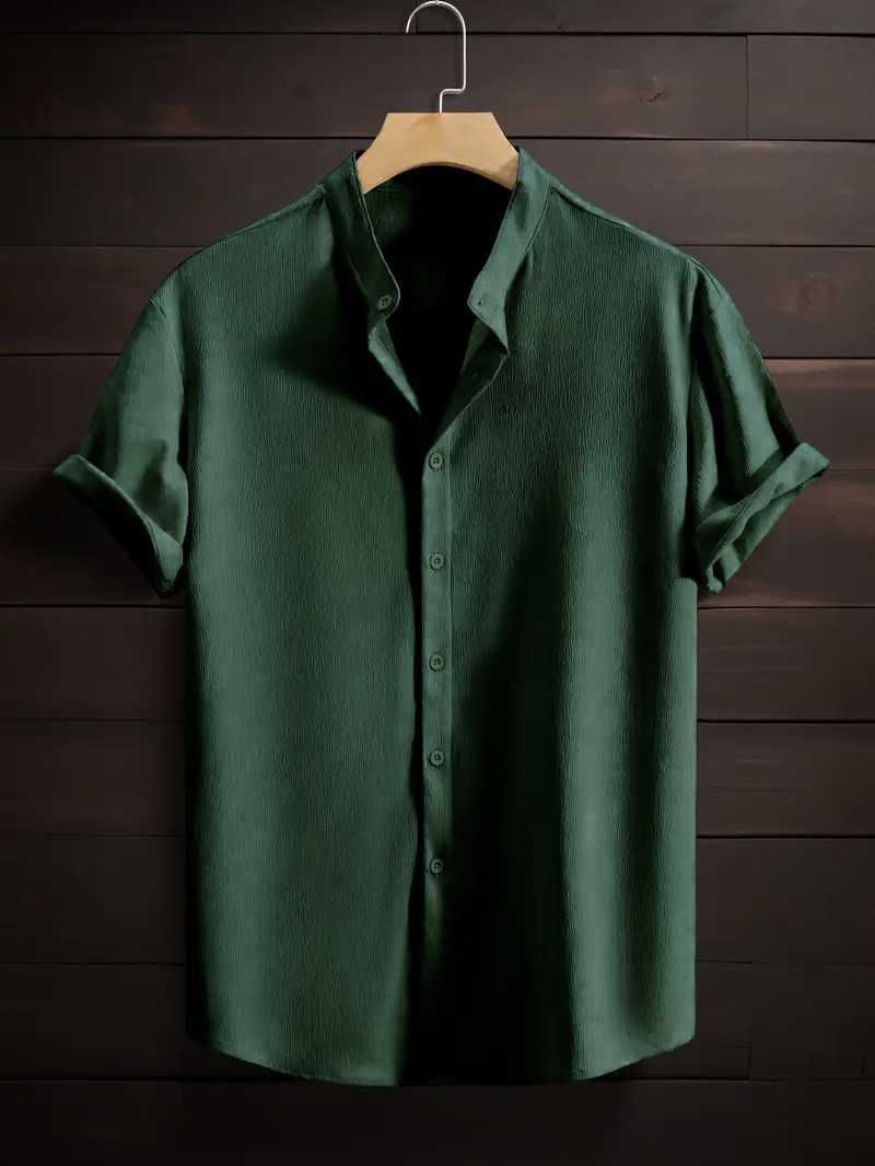 Saffron Cotton Dark Green Band Collar Solid Shirt