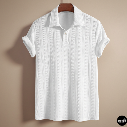 White Knitted Geometric Jacquard Polo
