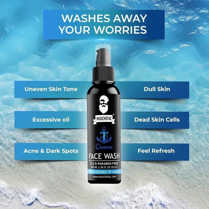 Muuchstac Ocean Face Wash | Fight Acne & Pimples, Brighten Skin, Clears Dirt, Oil Control, Refreshing Feel - Multi-Action Formula (100ml)