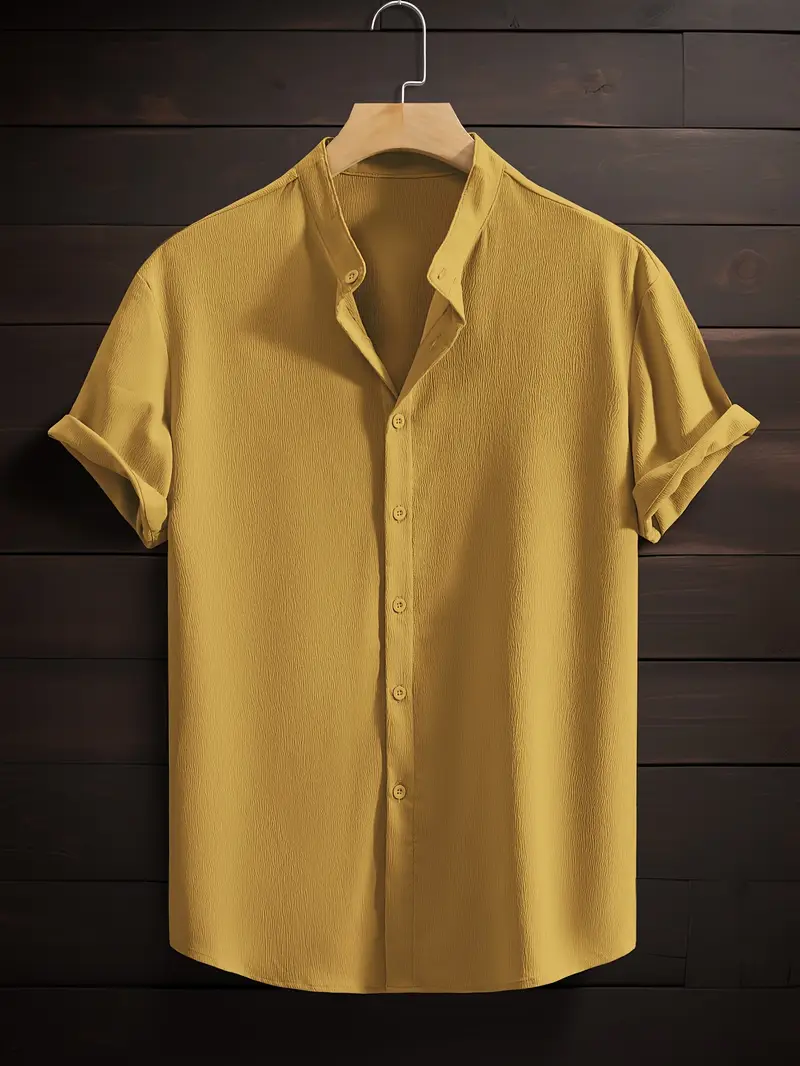 Saffron Cotton Mustard Yellow Band Collar Solid Shirt