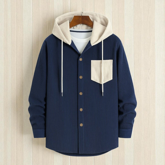 Navy Blue-Men's casual corduroy hoodie jacket