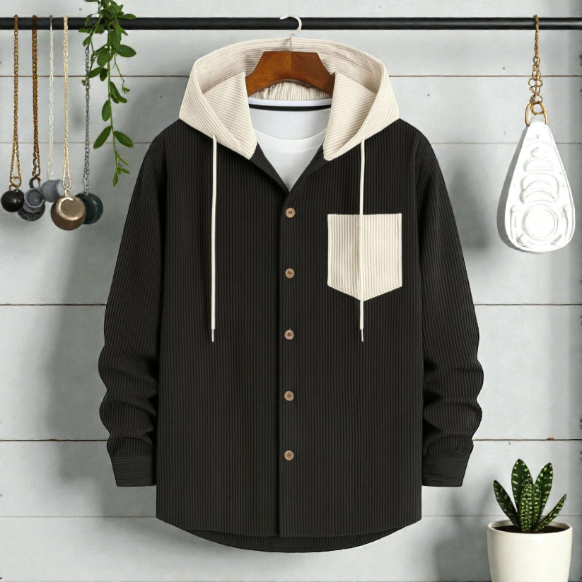 Black-Men's casual corduroy hooded Shirt