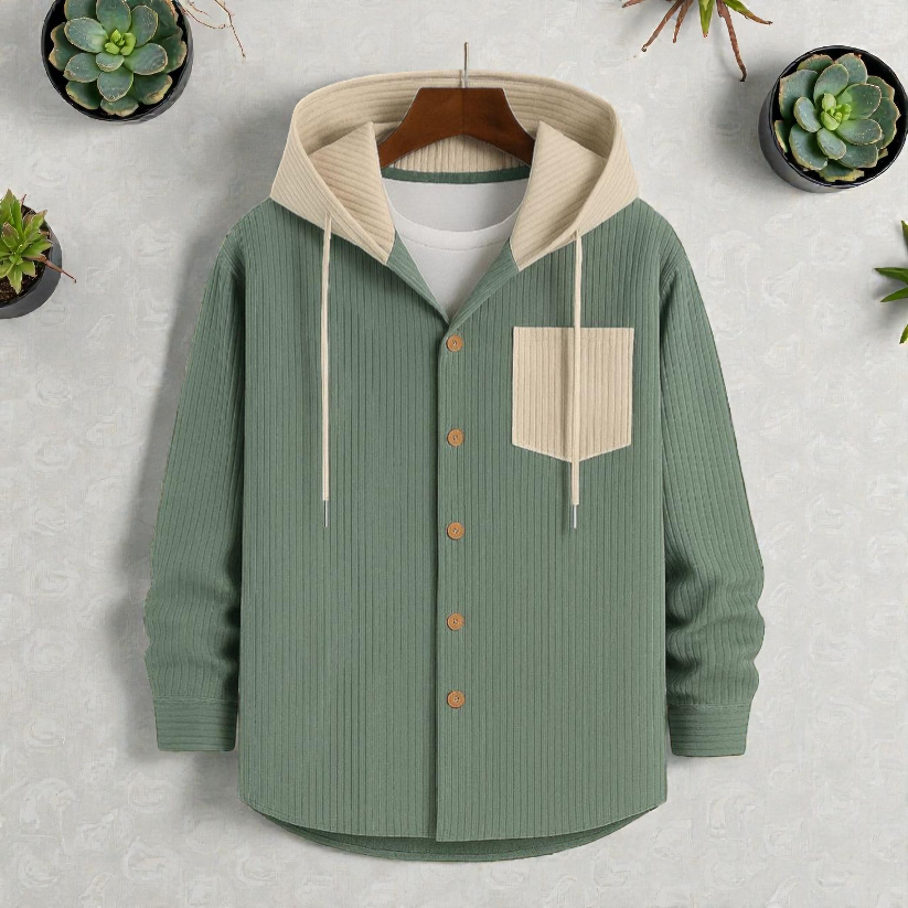 Light Moss Green-Men's casual corduroy hooded Shirt
