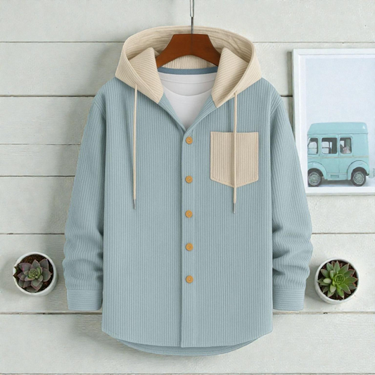 Light Sky-Men's casual corduroy hooded Shirt