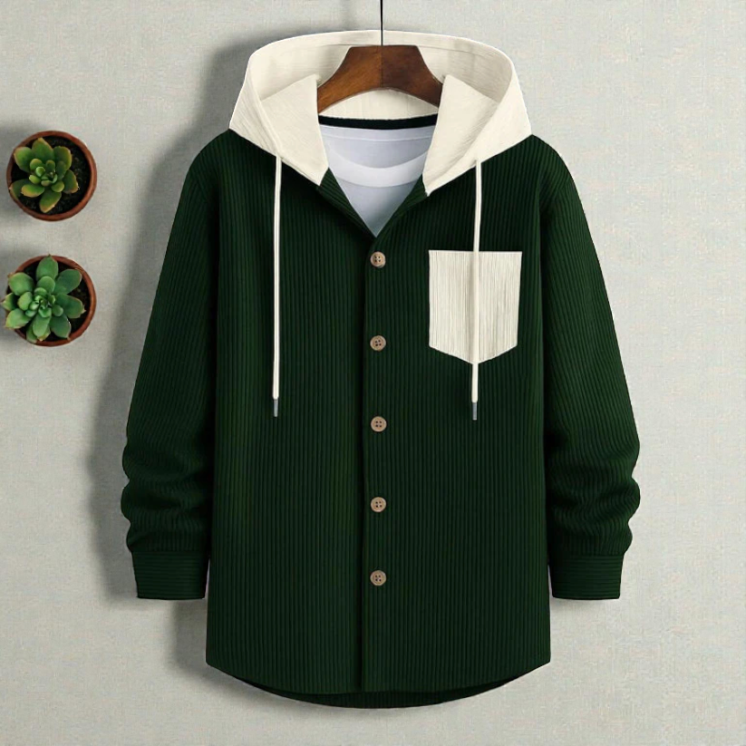 Bottle Green-Men's casual corduroy hooded Shirt