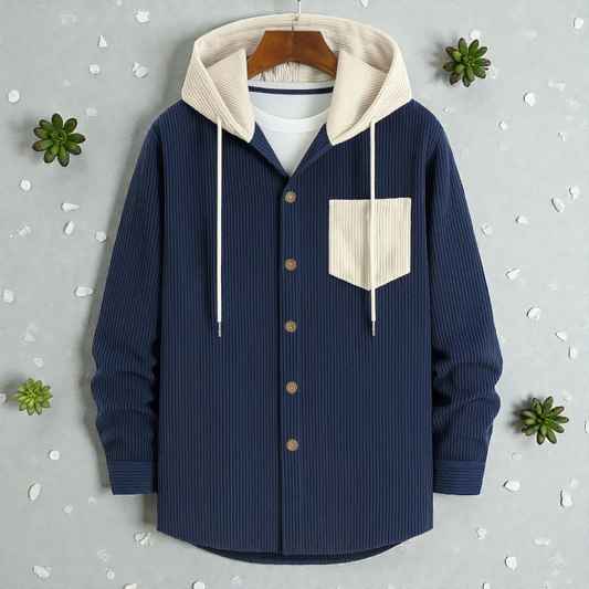 Navy Blue-Men's casual corduroy hoodie Shirt