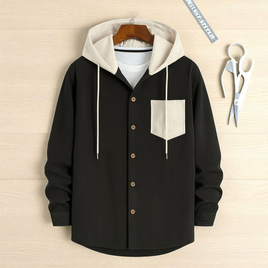 Black-Men's casual corduroy hooded jacket