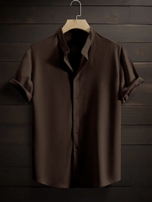 Saffron Cotton Coffee  Band Collar Solid Shirt