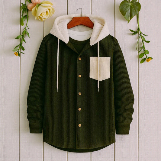 Olive-Men's casual corduroy hoodie Shirt